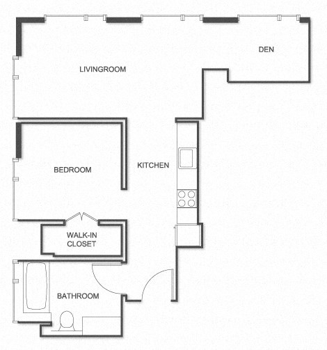 Floor plan for 1 bed, 1 bath, 565 sqft